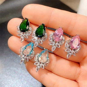 Luxury pear-cut zircon earrings set in emerald green, cherry pink, and aqua blue colors