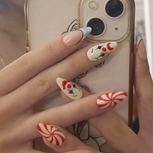 Clown Circus Theme Press On Nails Long Almond Fake Nails ABS Plastic Full Cover Artificial Nails For Women Nail Art Decor