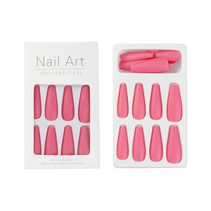 Set of 24 pink matte long coffin fake nails in white professional packaging box