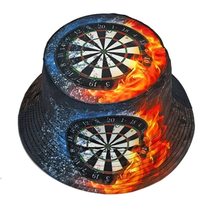 Outdoor bucket hat featuring a creative ice and fire dartboard print on a white background
