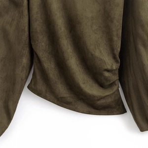 Olive green faux suede long sleeve top featuring detailed waist pleats and soft texture