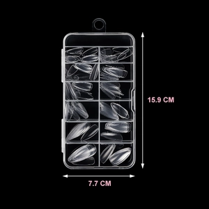 Set of 120 clear almond-shaped seamless false nails in a 15.9x7.7 cm storage box