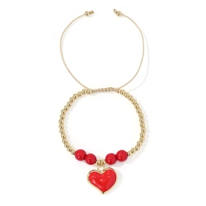 Detail of red heart pendant and 18k gold-plated beads on adjustable cord bracelet