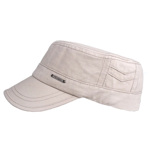 Classic cotton cadet cap with flat top design and metal logo detail in beige