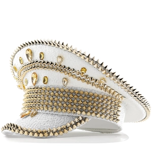 White sequins captain hat with golden studs and rhinestones for party performances