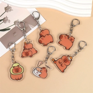 Lot de 6 porte-clés Capybara en acrylique avec diverses poses de dessin animé sur fond beige