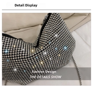 Close-up of sparkling silver rhinestone handbag with metal zipper and fine chain strap