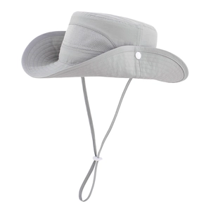 Detail view of grey outdoor sun hat featuring mesh side panels and adjustable wind cord