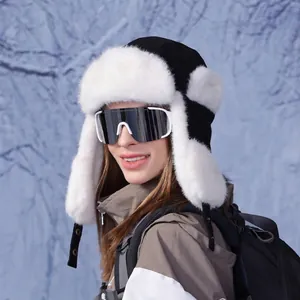 Winter windproof trapper hat with white faux fur lining and ear flaps for outdoor sports