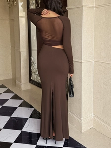 Detail view of brown Y2K long sleeve maxi dress featuring open back and rear slit design