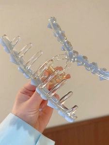 Detail of ice blue translucent hair claw clip with golden spring and strong teeth