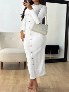 Elegant white long sleeve knit midi dress with stylish gold button detail on the front