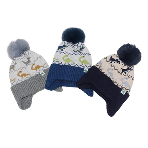 Ensemble bonnet dinosaure tricoté pour enfants avec pompon et protège-oreilles en gris et bleu