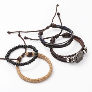 Retro multi-layered men's bracelet set with leather weave and poker heart charms