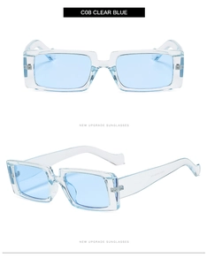 Macro detail of clear blue rectangular sunglasses with transparent frame and wide temples