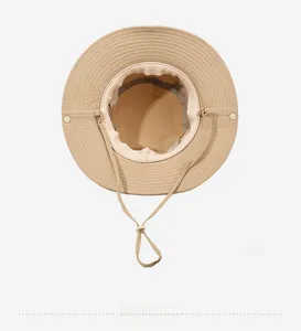 Detail view showing neat stitching, breathable lining, and adjustable chin strap of the sun hat