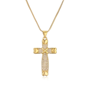 Gold-plated cross pendant necklace with micro-paved zircons and heart-shaped ends on chain