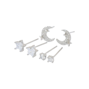 Elegant S925 silver stud earring set with star moon cat eye stone and zircon accents