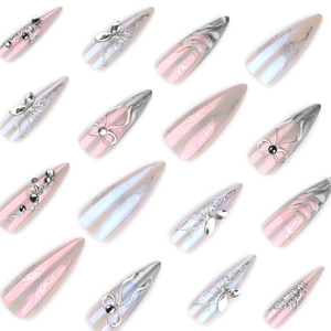 Extra long stiletto press-on nails with 3D silver butterflies and pearl finish decor