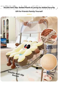 Detail of cartoon biscuit seat cushion showing anti-slip backing and securing straps