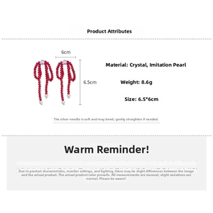 Detailed size chart of red crystal bow earrings with pearls, 6.5x6cm dimension