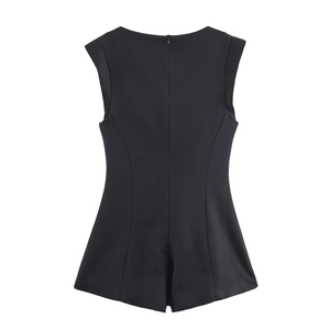 Minimalistischer schwarzer ärmelloser Damen-Jumpsuit mit Schmuckknöpfen und Reißverschluss