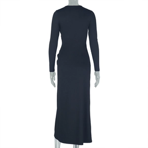 Back view of a slim-fit black long-sleeve maxi dress with elegant ruched details