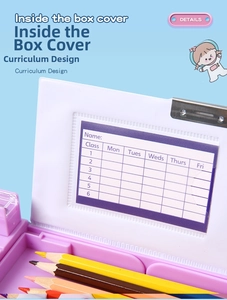 Detail showing inner timetable card and purple stationery box lid for students