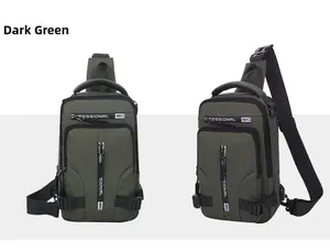 Detail of dark green waterproof nylon tactical chest bag with zippers and buckle