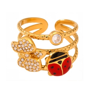 18K gold plated multi-layer insect ring with ladybug, butterfly and zircon