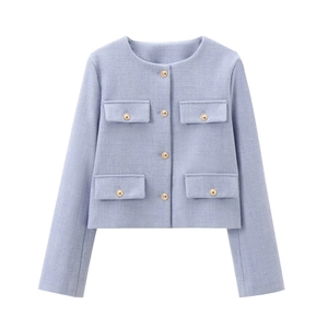 Classic light blue tweed jacket for women featuring golden buttons and four front pockets