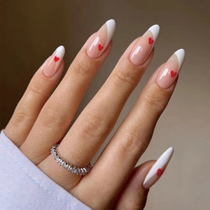 Almond Press On Nails White French Tip Red Heart Long Glossy Fake Nails Sweet Manicure For Women Girls