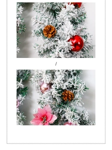 Detail of 2.7m frosted Christmas garland with red baubles, pine cones and pink flowers