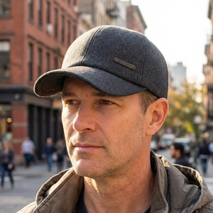 Mens winter dark grey wool baseball cap with sport metal tag for cold weather warmth