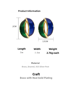 Detail view of blue and green enamel earrings with specific size measurements