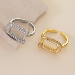 U-Shaped Geometric Open Ring Copper With 18K Gold Plating Micro Pave Cubic Zirconia Adjustable Fashion Jewelry For Women