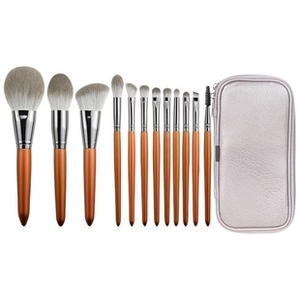 Detail of 12 orange makeup brushes with silver ferrules and matching silver storage pouch