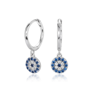 S925 sterling silver evil eye hoop earrings with blue cubic zirconia stones and mirror reflection