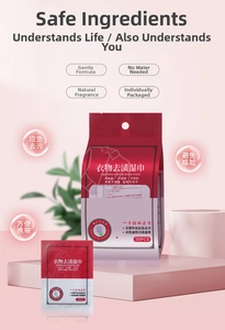 Portable emergency clothing stain removal wipes in 20-count and single-pack formats