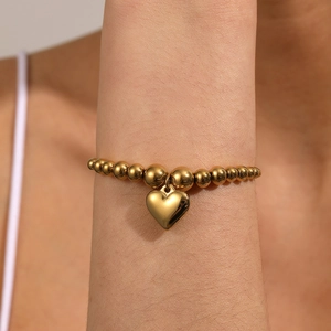 Heart Pendant Beaded Chain Bracelet Stainless Steel 18K Gold Plated Minimalist Adjustable Fashion Jewelry For Women