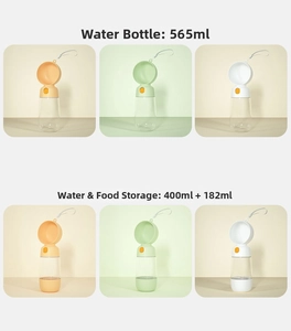 Detail of portable pet water bottle showing 400ml water and 182ml food storage containers