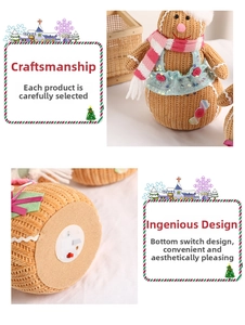 Detail of gingerbread man doll showing the bottom power switch and striped scarf textures