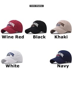 Detailed color display of cotton baseball caps in wine red, black, khaki, white, and navy