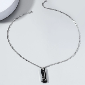 Minimalist silver men's stainless steel O-chain necklace with black rectangle pendant