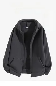 Detail of soft double-sided polar fleece fabric and zip-up collar on the dark grey jacket