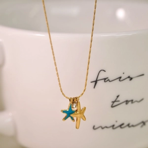 Titanium Steel Starfish Pendant Necklace Enamel Blue Gold Sea Star Rhinestone Clavicle Chain For Women Girls Fashion Jewelry