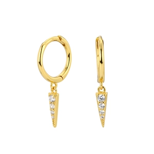 Gold S925 silver hoop earrings with sparkling zircon studs in a triangle pyramid shape