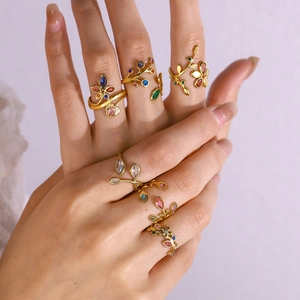 Stainless Steel Leaf Open Ring For Women 18K Gold Plated Colorful Rhinestone Adjustable Flower Finger Ring French Style Jewelry