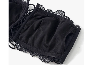 Detailed close-up of breathable knit lining and eyelash lace trim on a black bandeau