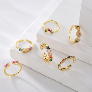 Geometric Rainbow Zircon Open Ring Copper Gold Plated Adjustable Fashion Jewelry For Women